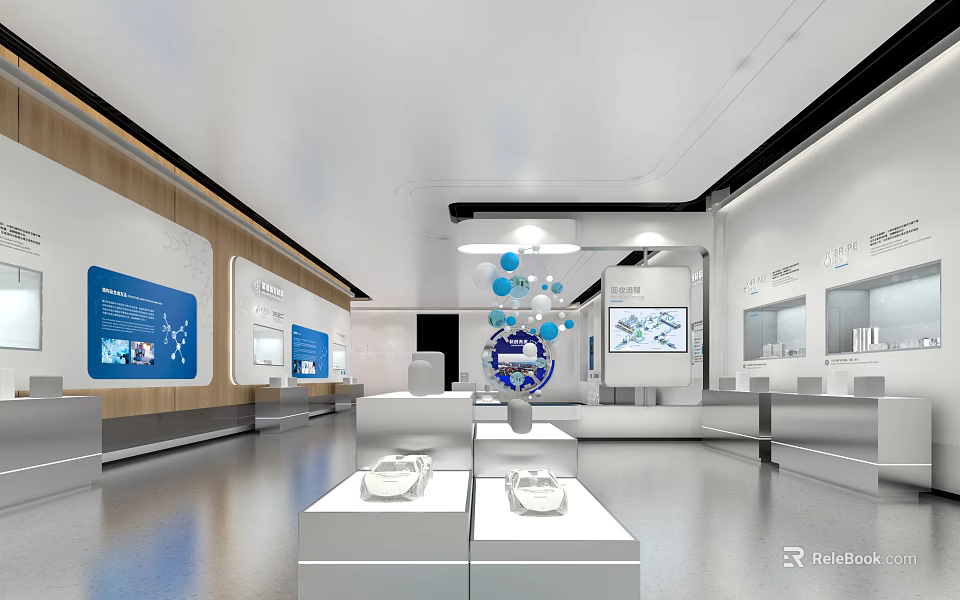Modern Exhibition Hall With White Display Stands Digital Screens And Blue Pendant Lights 3d model 