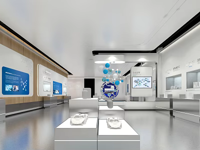 Modern Exhibition Hall With White Display Stands Digital Screens And Blue Pendant Lights 3d model