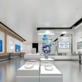 Modern Exhibition Hall With White Display Stands Digital Screens And Blue Pendant Lights