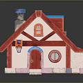 Small Cartoon House Model With Red And Blue Roof Round Window And Wooden Door Porch