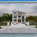 Two Story European Style Detached Villa With Large Windows Porch And Driveway