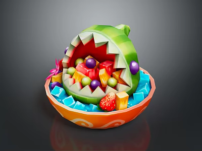 Decorative Watermelon Shaped Fruit Bowl With Assorted Fresh Fruits And Ice Cubes 3d model
