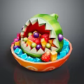 Decorative Watermelon Shaped Fruit Bowl With Assorted Fresh Fruits And Ice Cubes