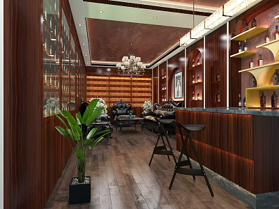 Elegant Lounge Interior With Wooden Decor Chandelier Bar Counter Sofa And Potted Plant 3d model