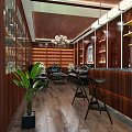 Elegant Lounge Interior With Wooden Decor Chandelier Bar Counter Sofa And Potted Plant