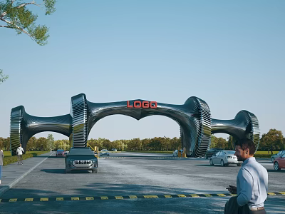 Modern Entrance Gate Design Featuring LOGO Arch And Surrounding Vehicles Trees People 3d model
