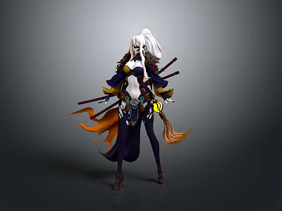 Anime Style Woman With White Long Hair Fox Tails Swords And Purple Orange Outfit 3d model