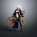 Anime Style Woman With White Long Hair Fox Tails Swords And Purple Orange Outfit
