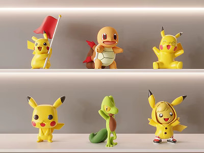 Cute Pokémon Decorative Figurine Set Featuring Various Characters Displayed on Shelves 3d model