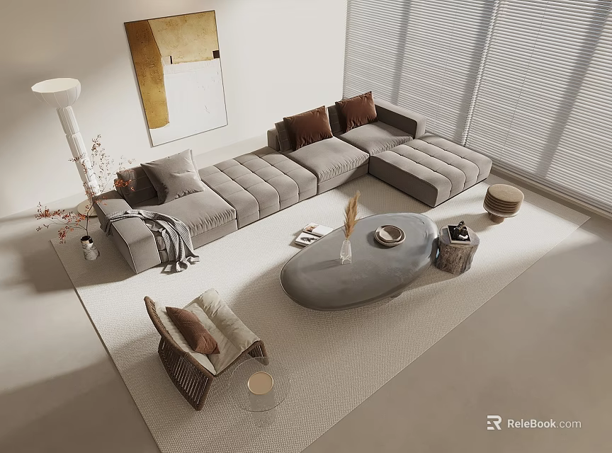 Modern Gray L Shaped Sofa Coffee Table Set With Cushions And Living Room Decor 3d model 