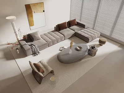 Modern Gray L Shaped Sofa Coffee Table Set With Cushions And Living Room Decor 3d model