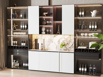 Modern Wine Cabinet Design With Glass Shelves Wine Bottles Glasses And Marble Countertop 3d model