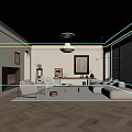 Modern Beige Living Room Interior With Fireplace Sofa Chandelier Artwork And Arched Doorway