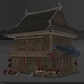 Traditional Chinese Ancient Building With Wooden Structure Tiled Roof Curved Eaves Red Lanterns And Carved Windows