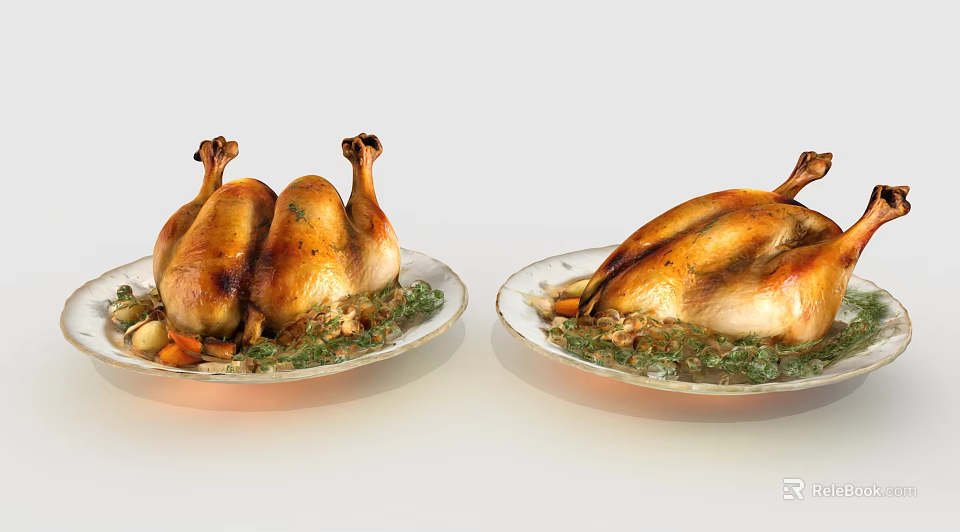 Golden Brown Roast Chicken With Fresh Herbs And Vegetables On Plates 3d model 