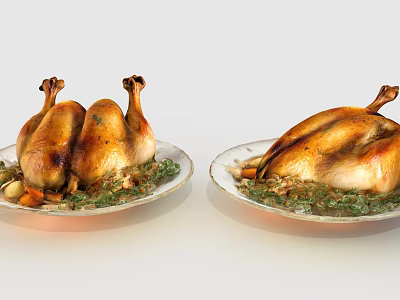 Golden Brown Roast Chicken With Fresh Herbs And Vegetables On Plates 3d model