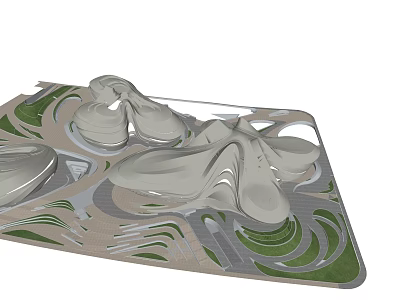 Modern Architectural Model With Curved Sculptural Structures Green Landscape And Grey Pathways 3d model