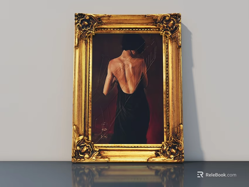 Golden Ornate Carved Picture Frame With Woman's Back View Artwork On Reflective Surface 3d model 