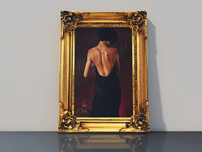 Golden Ornate Carved Picture Frame With Woman's Back View Artwork On Reflective Surface 3d model