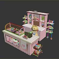 Adorable pink dessert shop with counter display shelves bear doll and desserts