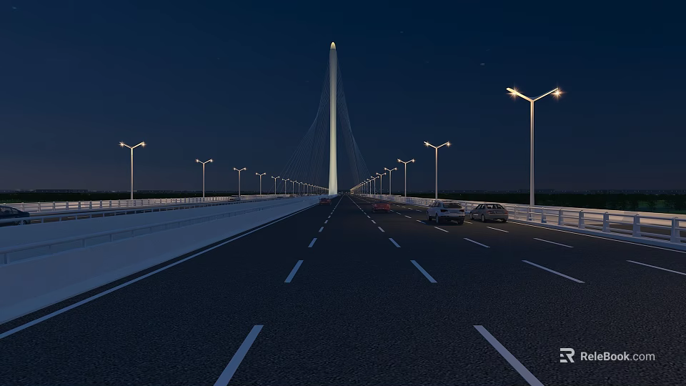 Illuminated Night Bridge With White Tower Street Lamps And Moving Vehicles 3d model 