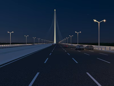Illuminated Night Bridge With White Tower Street Lamps And Moving Vehicles 3d model
