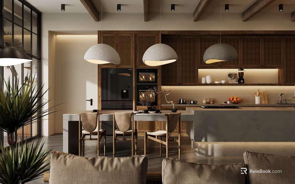Modern Open Dining Living Room Interior With Wooden Beams Pendant Lights And Island Counter 3d model 