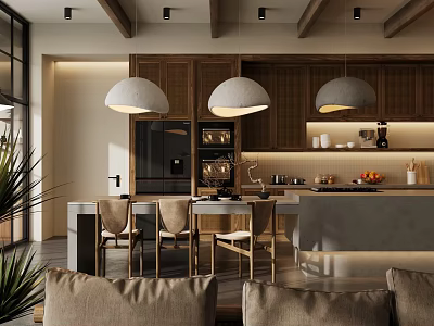 Modern Open Dining Living Room Interior With Wooden Beams Pendant Lights And Island Counter 3d model