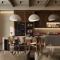 Modern Open Dining Living Room Interior With Wooden Beams Pendant Lights And Island Counter