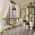 Modern Home Balcony Interior Design With Washing Machine Striped Chairs And Venetian Blinds