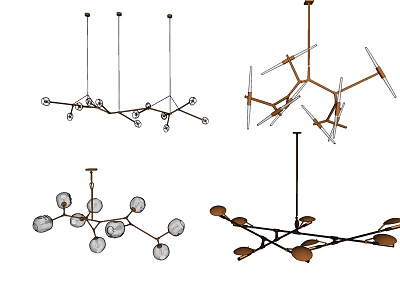 Modern Chandeliers With Various Unique Branch Designs Spherical Bulbs And Metallic Finishes 3d model