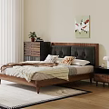Modern Double Bed With Upholstered Headboard Wooden Frame Bedside Tables Area Rug And Wall Art