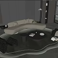 Modern Beige Curved Sofa and Round Black Coffee Table Set with Cushions on Plush Rug