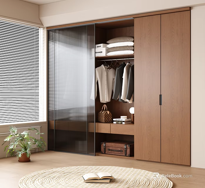 Modern Wooden Wardrobe with Sliding Glass Door Hanging Clothes and Side Table in Bright Room 3d model 
