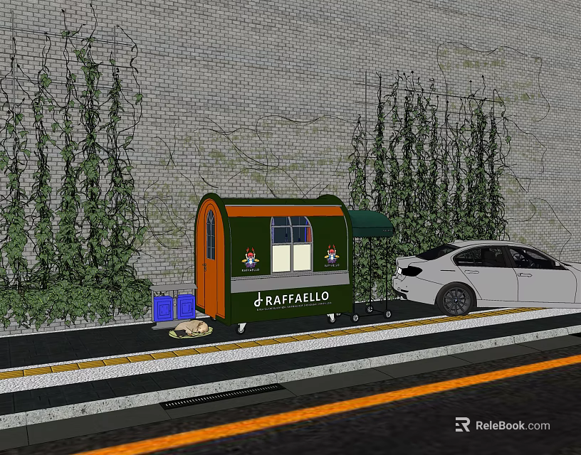 Baffalo Food Cart With Green Vines On Brick Wall And White Car 3d model 