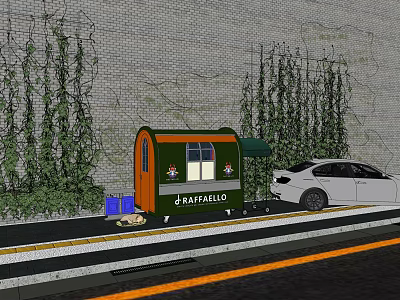 Baffalo Food Cart With Green Vines On Brick Wall And White Car 3d model
