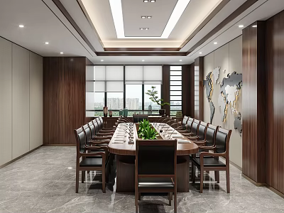 Modern Conference Room With Long Table Wooden Walls Large Windows And Green Plants 3d model