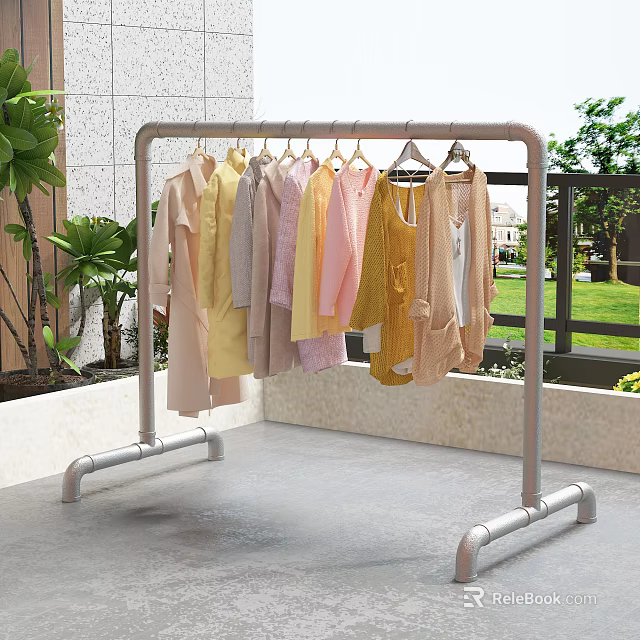 Metal Garment Rack With Colorful Clothes Hanging On Balcony With Green Plants 3d model 