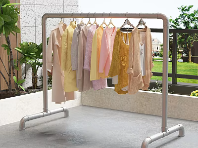 Metal Garment Rack With Colorful Clothes Hanging On Balcony With Green Plants 3d model