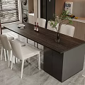 Modern Dining Table Set With Dark Top And White Chairs In Kitchen With Cabinets 3d model