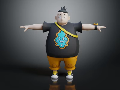 Cartoon Character In Black T-shirt With Blue Creature Design Yellow Pants And Wristwatch 3d model