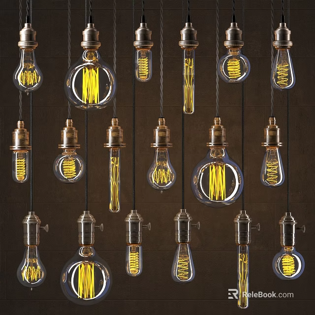 Vintage Chandeliers With Brass Bases Clear Glass Bulbs And Illuminated Filaments 3d model 