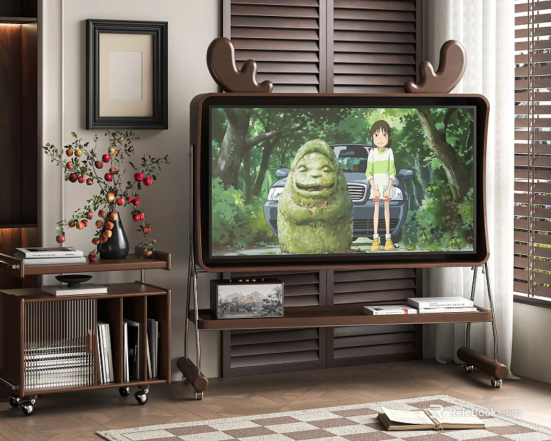 Stylish Television with Antler Design Top on Wooden Stand in Living Room with Side Bookshelf and Vase 3d model 