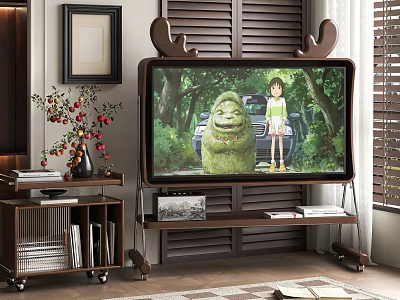 Stylish Television with Antler Design Top on Wooden Stand in Living Room with Side Bookshelf and Vase 3d model