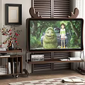 Stylish Television with Antler Design Top on Wooden Stand in Living Room with Side Bookshelf and Vase
