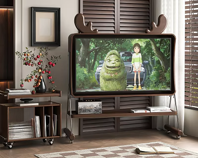 Stylish Television with Antler Design Top on Wooden Stand in Living Room with Side Bookshelf and Vase 3d model