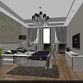 Hotel Guest Room Interior With Paneled Walls Chandelier Bed Curtains TV And Wooden Floor