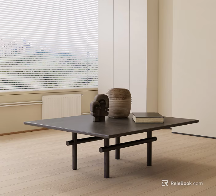 Modern Black Coffee Table With Ceramic Vase Sculpture And Book By Window With Blinds 3d model 
