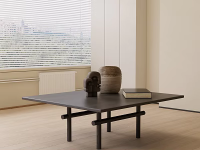 Modern Black Coffee Table With Ceramic Vase Sculpture And Book By Window With Blinds 3d model