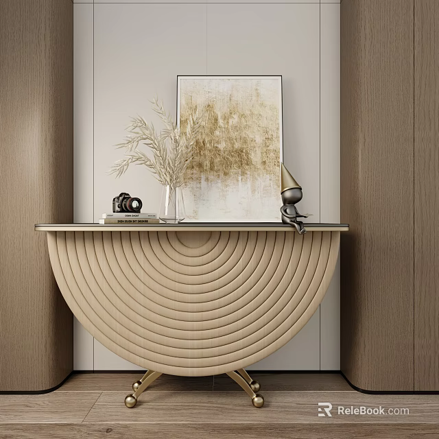 Elegant Modern Console Table With Curved Textured Surface Artwork And Vase 3d model